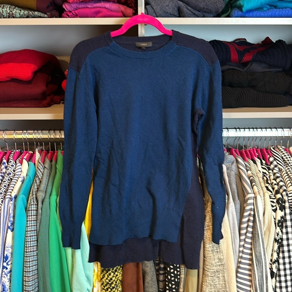 J Crew 40% Wool Navy And Teal Long Sleeve Crew Neck Sweater Size Xxs